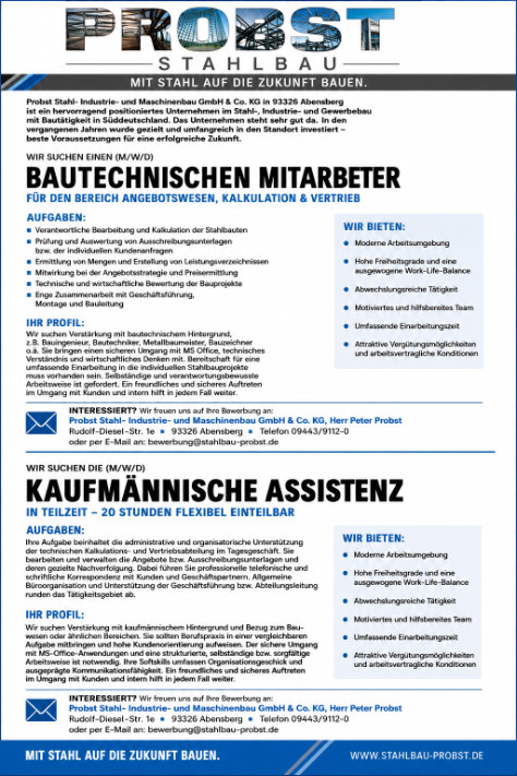 Stellenanzeige zu Bautechnischer Mitarbeiter und kaufmännische Assistenz