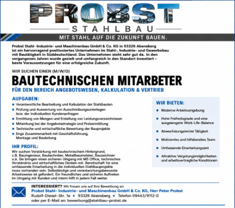 Stellenanzeige zu Bautechnischer Mitarbeiter und kaufmännische Assistenz